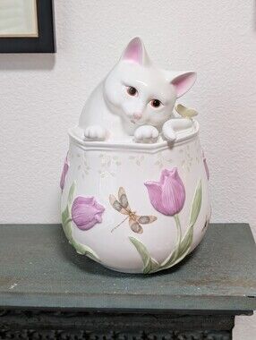 Vtg Lenox Butterfly Meadow  Cat Kitten Tulip Porcelain Cookie Jar Canister*READ*